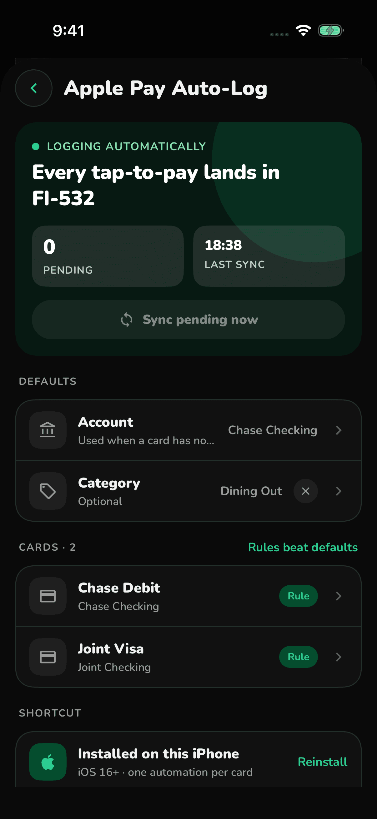 FI-532 Apple Pay auto-log settings with cards and default category