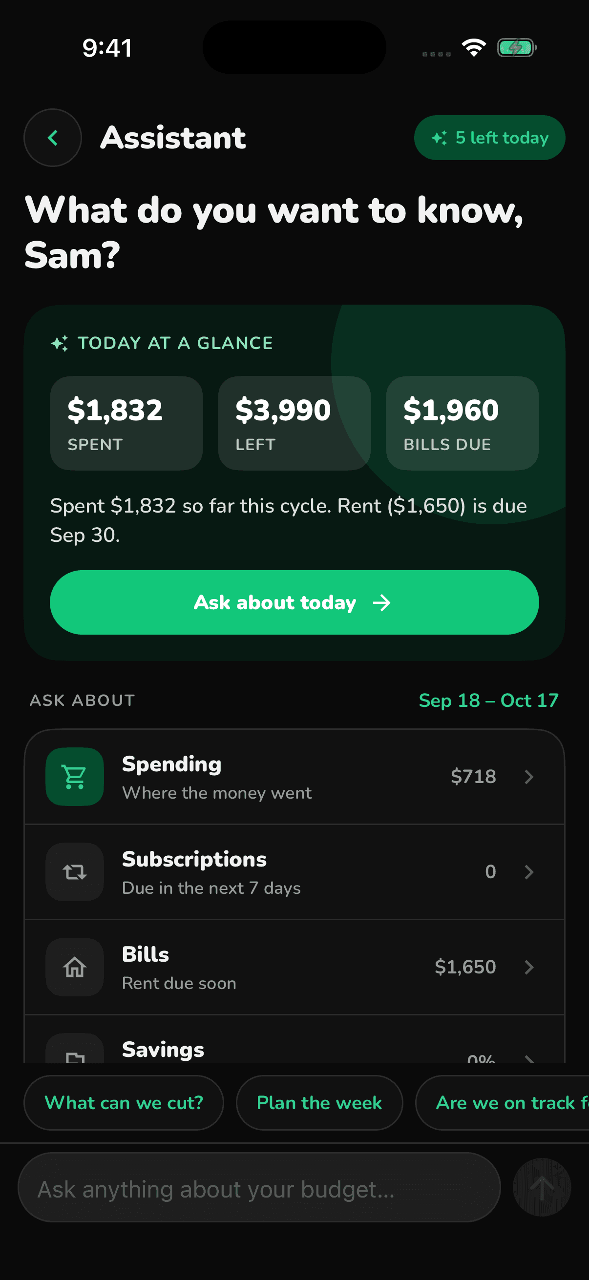 FI-532 assistant with today's spending summary and suggested questions