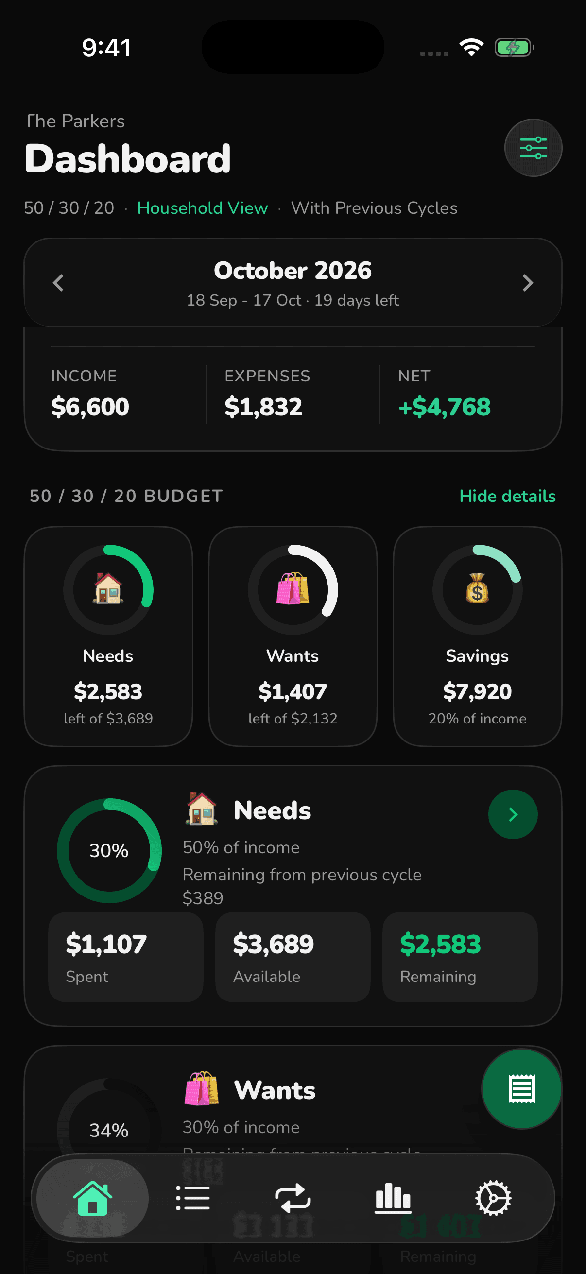 FI-532 budget buckets showing needs, wants and savings progress rings
