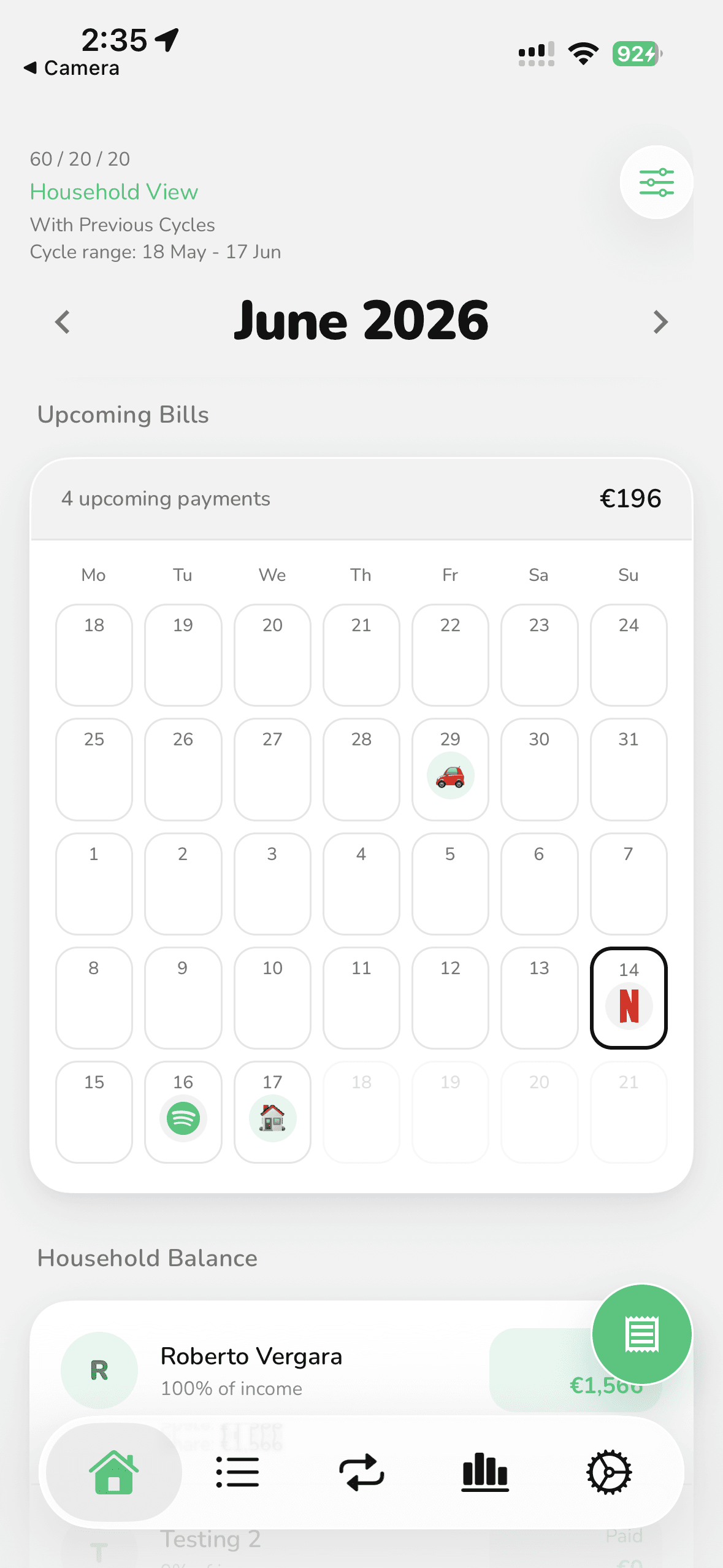 FI-532 bill calendar showing recurring payments, bills and subscriptions mapped across the month