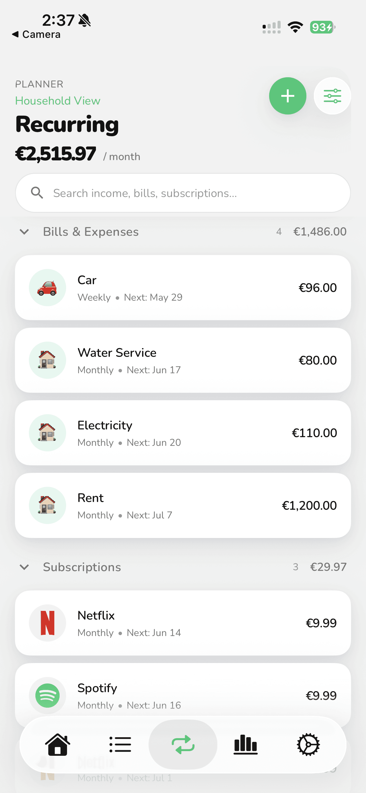 FI-532 recurring bills and subscriptions planner with due dates