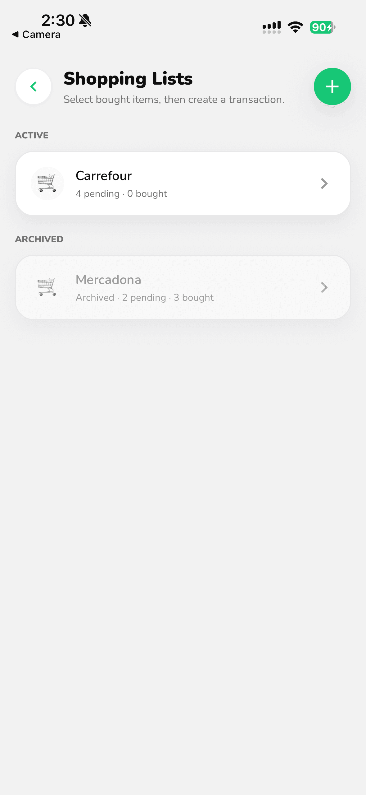 FI-532 shopping lists screen with active and archived household lists
