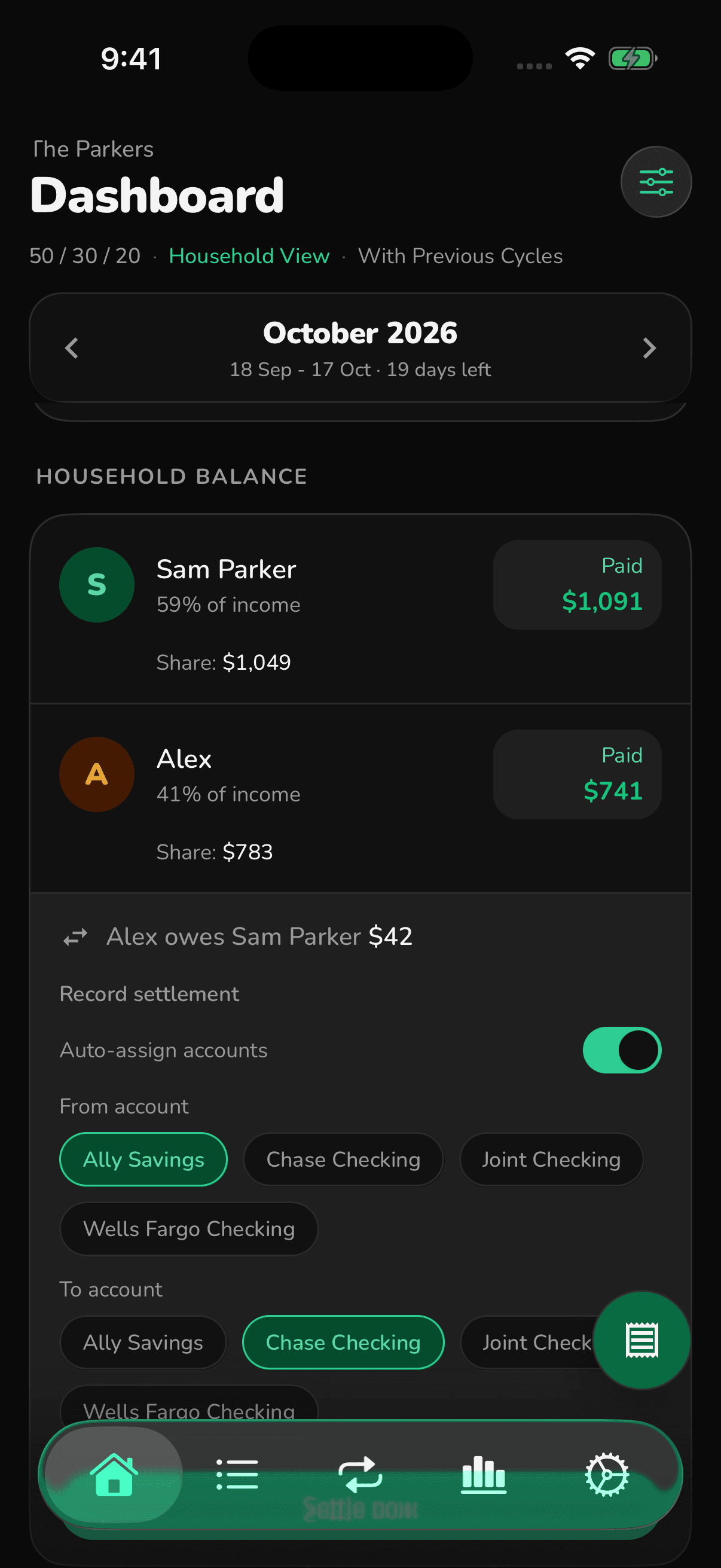 FI-532 household balance with each member's share and a settle-up