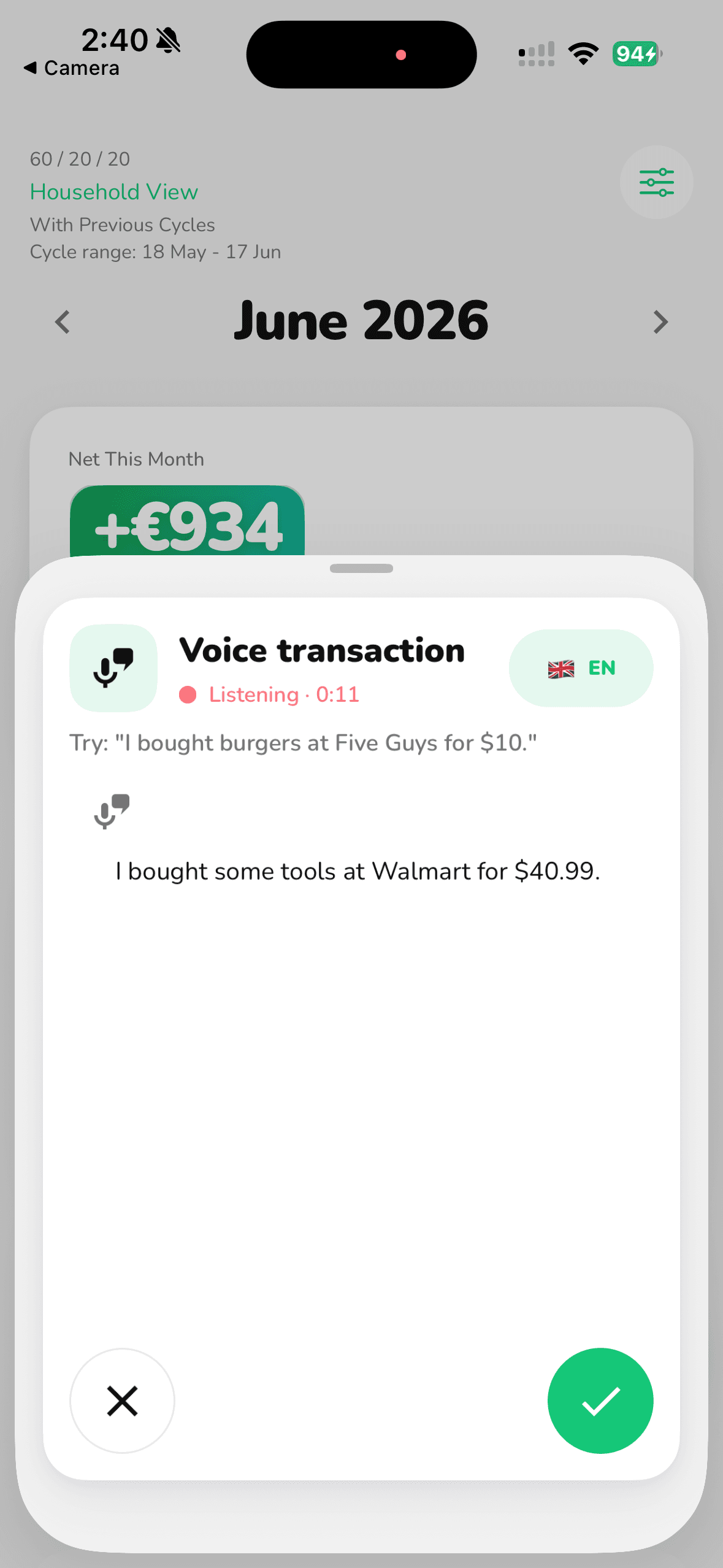 FI-532 voice transaction screen transcribing a spoken expense